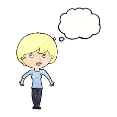 cartoon woman shrugging shoulders with thought bubble N516