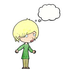 cartoon woman shrugging shoulders with thought bubble N517