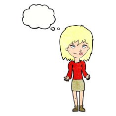 cartoon woman shrugging shoulders with thought bubble N518