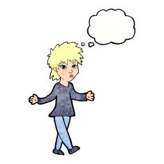 cartoon woman shrugging shoulders with thought bubble N519