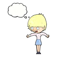 cartoon woman panicking with thought bubble N11