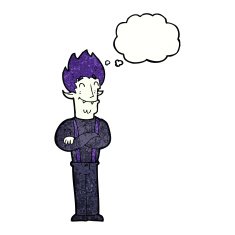 cartoon happy vampire man with thought bubble N30