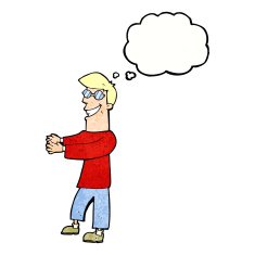 cartoon grinning man wearing glasses with thought bubble N11