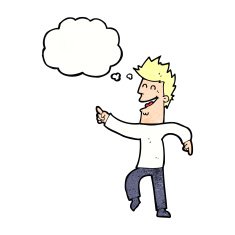 cartoon man pointing and laughing with thought bubble N33