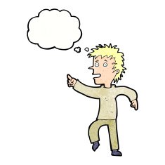 cartoon happy man pointing with thought bubble N63