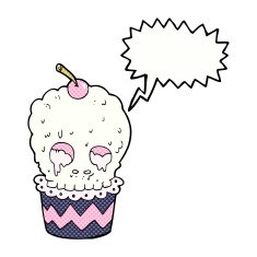 spooky skull cupcake cartoon with speech bubble N12