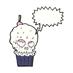 cartoon spooky skull cupcake with speech bubble N12