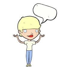 cartoon woman holding arms in air with speech bubble N12