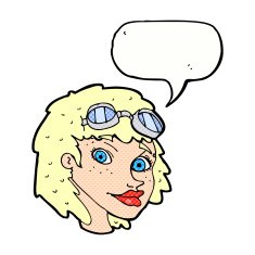 cartoon happy woman wearing aviator goggles with speech bubble N11