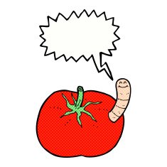 cartoon tomato with worm speech bubble N6