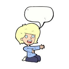 cartoon shocked woman on knees with speech bubble N12