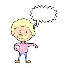 cartoon man making camp gesture with speech bubble N33