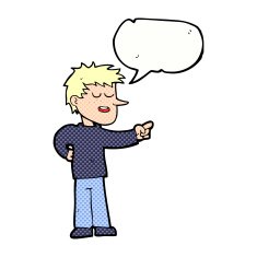 cartoon man pointing with speech bubble N222