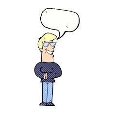 cartoon grinning man with glasses speech bubble N4