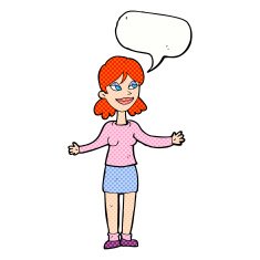cartoon happy woman shrugging shoulders with speech bubble N23