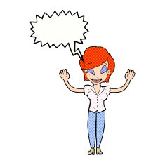 cartoon pretty woman with hands in air speech bubble N12