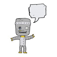 cartoon funny old robot with speech bubble N8