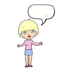 cartoon woman shrugging with speech bubble N69