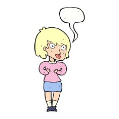 cartoon woman making Who Me? gesture with speech bubble N52