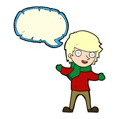 cartoon boy in winter clothes with speech bubble N12