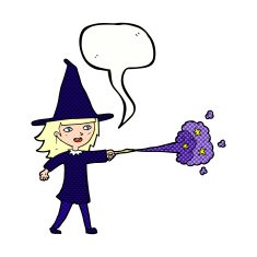 cartoon witch girl casting spell with speech bubble N23