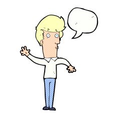 cartoon nervous man waving with speech bubble N24