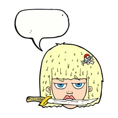 cartoon woman holding knife between teeth with speech bubble N12