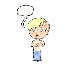 cartoon boy with growth on head speech bubble N45