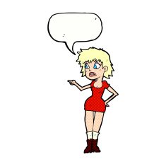 cartoon worried woman in dress pointing with speech bubble N12