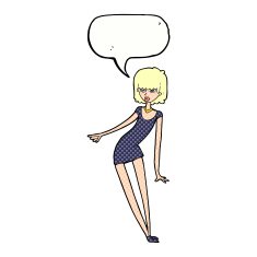 cartoon woman in dress leaning with speech bubble N11