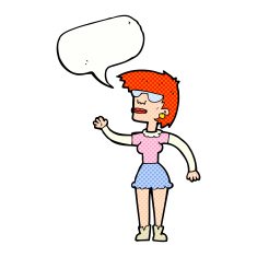 cartoon woman in spectacles waving with speech bubble N12