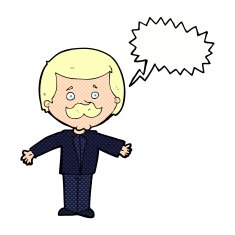cartoon mustache man with open arms speech bubble N12