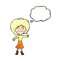 cartoon happy girl giving thumbs up symbol with thought bubble N11