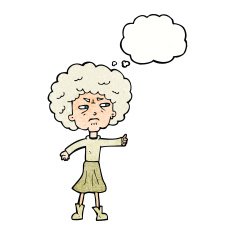 cartoon annoyed old woman with thought bubble N21