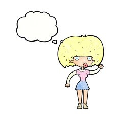 cartoon woman waving with thought bubble N349