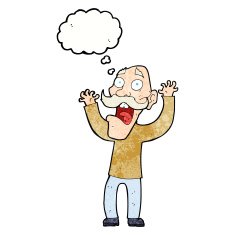 cartoon old man getting a fright with thought bubble N10