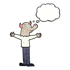 cartoon friendly werewolf with thought bubble N12