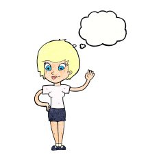 cartoon woman waving with thought bubble N351