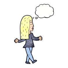 cartoon woman shrugging shoulders with thought bubble N521