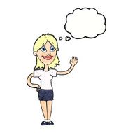 cartoon woman waving with thought bubble N354
