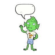 cartoon waving fish boy with speech bubble N12