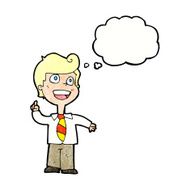 cartoon school boy raising hand with thought bubble N11