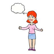 cartoon happy woman shrugging shoulders with thought bubble N21