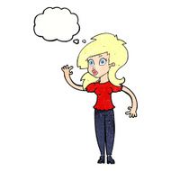 cartoon pretty woman waving with thought bubble N96