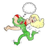 cartoon swamp monster carrying girl in bikini with thought bubbl N8