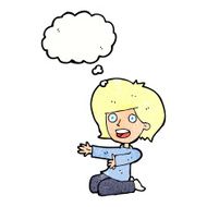 cartoon shocked woman on knees with thought bubble N10