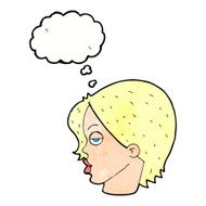 cartoon woman raising eyebrow with thought bubble N21