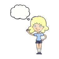 cartoon woman waving with thought bubble N356