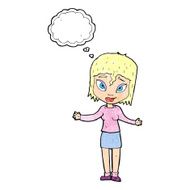 cartoon woman shrugging shoulders with thought bubble N523