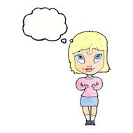 cartoon woman gesturing at self with thought bubble N32